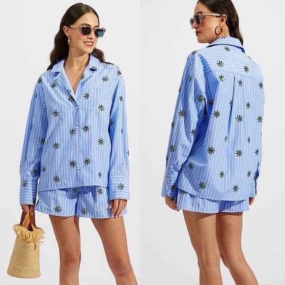 NEW LA DOUBLEJ Sequin Third Eye Striped Long Sleeve Oversized Button Up Shirt XS - Picture 1 of 10